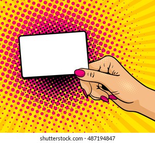 Pop art background with female hand holding empty card for your offer. Vector colorful hand drawn illustration in retro comic style.