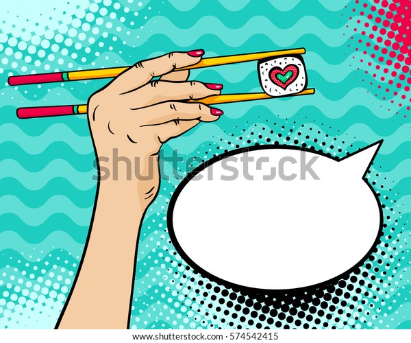 流行艺术背景与女性手持筷子与寿司卷的形式在她的手和空的语音泡沫 矢量明亮的手绘插画复古漫画风格 库存矢量图 免版税