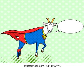 Pop art background. Flies Goat Animal Dressed As Superhero With clothes Vigilante Character. Comic style, vector illustration text, bubble