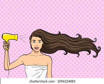 fondo de arte pop. Una chica con el pelo largo seca un secador de pelo. Publicidad del champú. ilustración vectorial