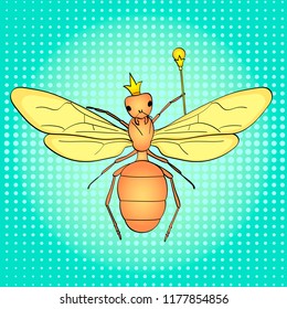 Pop art background, green. The insect, the head of the ants, the queen in the crown and the scepter. Vector illustration, comic imitation.