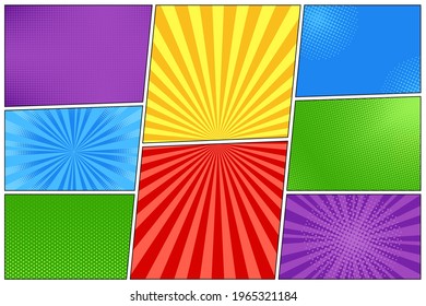 Pop art background. Halftone comic pattern. Cartoon starburst effect. Set sunburst banners with dots and rays. Vintage duotone texture. Superhero banner. Gradient wow design. Vector illustration.