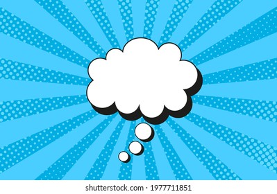 Pop art background. Halftone comic pattern with speech bubble. Cartoon retro starburst texture. Blue banner with dots and beams. Vintage sunshine effect. Vector illustration. Superhero wow backdrop.
