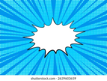 Pop art background. Halftone comic pattern. Cartoon starburst texture. Sunburst banner with speech bubble. Vintage duotone print. Blue superhero backdrop. Gradient wow design. Vector illustration.