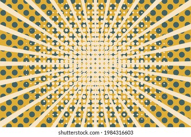 Pop art background with halftones, rays and dots. Modern design in trending colors 2021. Vector graphics.