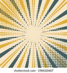 Pop art background with halftones, rays and dots. Modern design in trending colors 2021. Vector graphics.