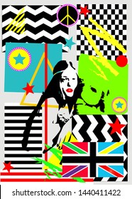 Pop art background with Hippie girl holds teddy bear and British flag