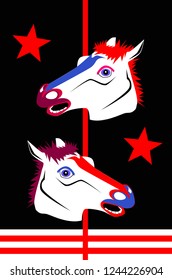 Pop art background with horses and stars, red and purple color, vector 