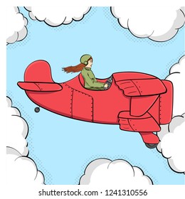 Pop art background, imitation of comics. Military girl flies on the old plane. Sky and clouds. Vector illustration