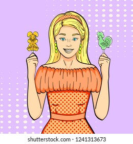 Pop art background, imitation of comics. The girl is holding lollipops, sweets and candies. Shape of cock and hare. Vector illustration