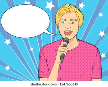 Pop art background. Imitation of comics style. The guy sings into the microphone in karaoke, showman, singer. Vector illustration text bubble