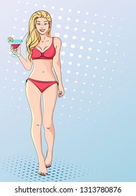 Pop art background, imitation of comics style. A beautiful girl in a bathing suit with a glass of cocktail walks along the beach. Vector illustration