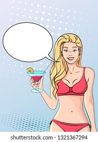 Pop art background, imitation of comics style. A beautiful girl in a bathing suit with a glass of cocktail walks along the beach. Vector illustration text bubble
