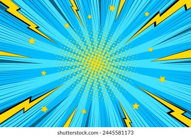 Pop art background with lightning and dots. Comic starburst pattern. Superhero sunburst backdrop. Halftone retro duotone banner. Cartoon print with points and beams. Vintage sunshine texture. Vector i