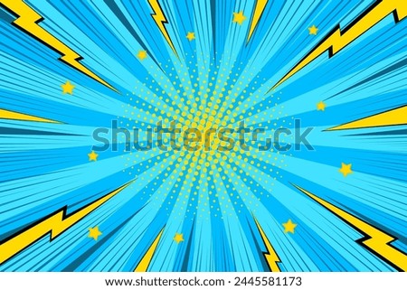 Pop art background with lightning and dots. Comic starburst pattern. Superhero sunburst backdrop. Halftone retro duotone banner. Cartoon print with points and beams. Vintage sunshine texture. Vector i