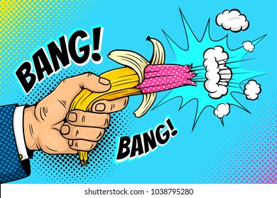 Pop art background with male hand holding bright banana revolver that explodes with clouds and Bang speech bubble on dots background. Vector colorful hand drawn illustration in retro comic style.