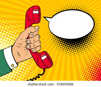 Pop art background with male hand holding old phone handset and empty speech bubble for your offer. Vector colorful hand drawn illustration in retro comic style.