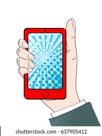 Pop art background with male hand with thumb up holding a smartphone with dot screen for your offer . Vector colorful hand drawn illustration in retro comic style.