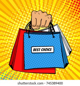 Pop art background with male hand holding shopping bags with Best Choice lettering . Vector colorful hand drawn illustration in retro comic style. Sale poster template.