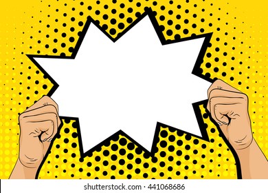 Pop art background with male hands holding speech bubble. Retro comic vector illustration.