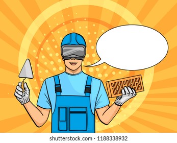 Pop art background. A man is a builder to learn in the glasses. Training on the Internet. Slow work, freelancing. Retro style, imitation comics. Vector illustration text bubble