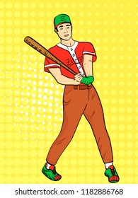 pop art background. A man, a professional baseball player, an athlete. He hits the ball with a bat. Vector illustration.