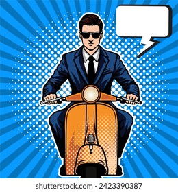 Pop Art Hintergrund mit einem Mann, der Motorrad fährt, Vektor bunter handgezeichneter Illustrationskomik-Stil.