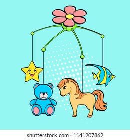 Pop art background. A musical toy over a cradle for a child. The subjects are horse, flower, star, bear and fish. vector illustration