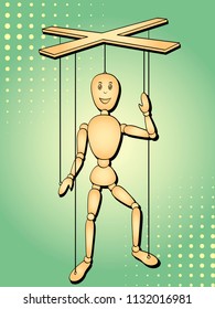 Pop art background. The object is a toy man, a puppet on the thread. Vector illustration marionette