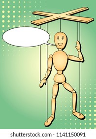 Pop art background. The object is a toy man, a puppet on the thread. Vector illustration marionette text, bubble