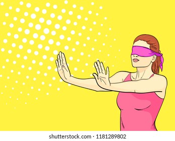 Pop art background is orange. A retro young girl plays hide and seek, her eyes are tied, arms outstretched. The imitation of comic style. Vector illustration