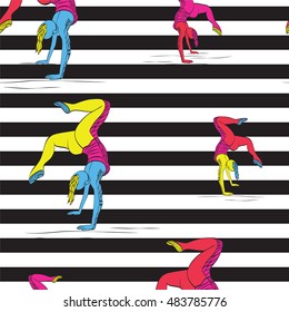 Pop art  background pattern vector illustration. Beautiful woman handstand.   multicolored, hand drawn sketch on  black striped background.