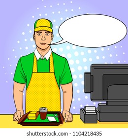 Pop art background, point. A young guy in uniform works at the fast food box office. Comic style, food, vector illustration text bubble
