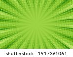 Pop art background for poster or book in green color. Radial rays backdrop with halftone effect in comics style design.