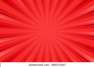 Pop art background for poster or book in red color. Radial rays backdrop with halftone effect in comics style design.