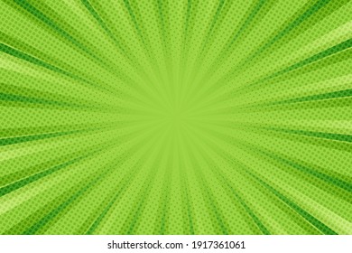 Pop art background for poster or book in green color. Radial rays backdrop with halftone effect in comics style design.