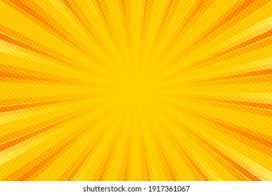 Pop art background for poster or book in yellow color. Radial rays backdrop with halftone effect in comics style design.