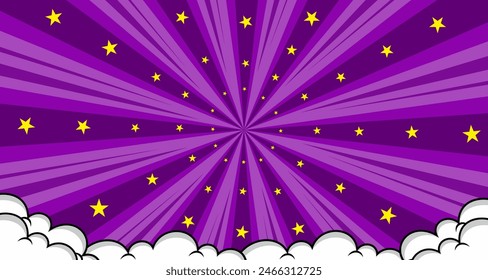 Fondo de arte Pop para póster o libro en color púrpura. Fondo de rayos radiales con efecto de semitonos en diseño de estilo cómico.