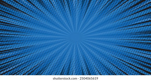 Pop art background for poster or book in blue color. Radial rays backdrop with halftone effect in comics style design, Pop art comic background with cloud and star. Cartoon Vector Illustration on blue