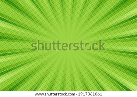 Pop art background for poster or book in green color. Radial rays backdrop with halftone effect in comics style design.