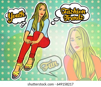 Pop art background with pretty young women. Background for special offer or space for advertisement. Vector illustration.