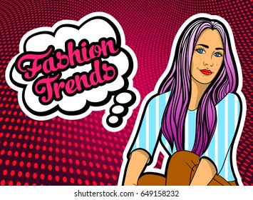 Pop art background with pretty young women. Girl with pink ombre hair. Background for special offer or space for advertisement. Vector illustration.