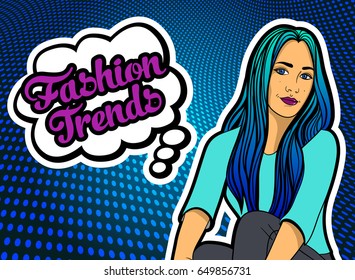 Pop art background with pretty young women. Girl with blue ombre hair. Background for special offer or space for advertisement. Vector illustration.
