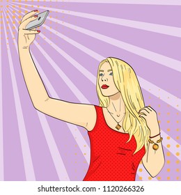 Pop art background, rays of the sun. Young girl model doing selfie. Fashion vector illustration