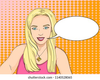 Pop art background, rays of the sun. Young girl, blonde is smiling. Vector illustration text, bubble