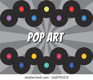 Pop art background with rays and vinyl disks. Vintage poster of vinyl player record. Vector retro music template banner