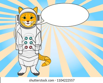 pop art background. Red cat in a spacesuit and cosmonaut costume. vector illustration, imitation comic style text bubble