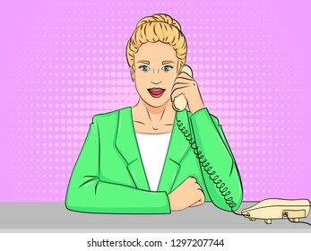 Pop art background, retro comic style. Woman secretary on the desktop. Vector illustration