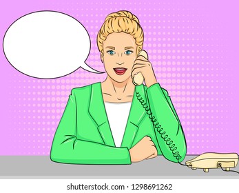 Pop art background, retro comic style. Woman secretary on the desktop. Vector illustration text bubble