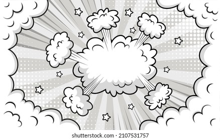 Pop art background with smoke clouds wind and halftone. Retro monochrome frame with balloon. Funny shapes in comic style. Cartoon bomb explosion. Sky air banner. Vector illustration
